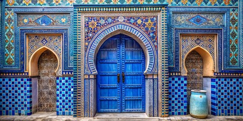 Obraz premium Stunning Blue Doorway Framed by Intricate Moroccan Tilework, Perfect for Home Decor Inspiration and Travel Enthusiasts Seeking Unique Architectural Details