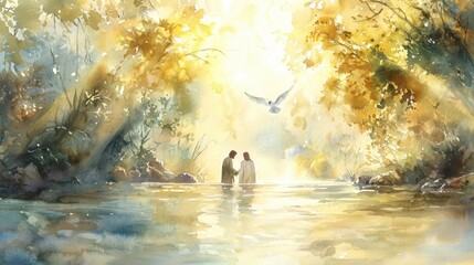 Watercolor painting depicting Jesus being baptized by John the Baptist in the Jordan River. A dove descends from the sky and the scene is bathed in soft golden light.
