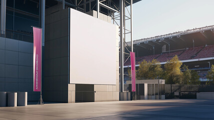 Fototapeta premium Tall blank panel near a stadium entrance, with event banners flanking the area