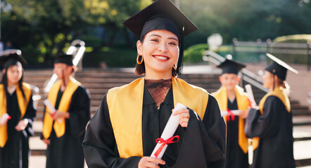 Woman, university student and happy with certificate for graduation, celebration and achievements...