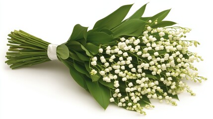Obraz premium A bouquet of lilies of the valley, with long, pointed leaves and small, clustered, white flowers, tied with a ribbon, on a plain white background.