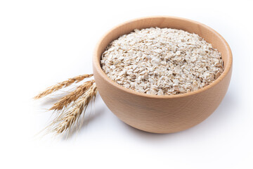 Rolled oats, healthy breakfast cereal oat flakes in bowl isolated on white background