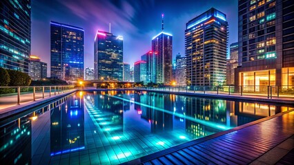 Fototapeta premium Stunning Urban Exploration of Pool Lighting Featuring Waterproof LED Lights Enhancing Nighttime Aesthetics in a Modern City Environment
