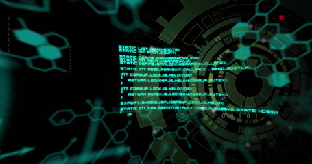 Image of processing data over circular scanner on black background