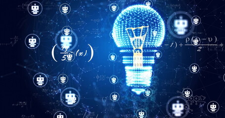 Image of chatbot icons, light bulb and networks over mathematical equations
