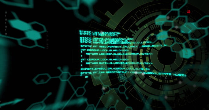 Image of processing data over circular scanner on black background