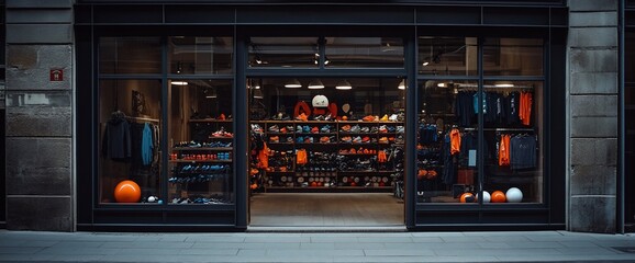 A storefront displaying various sports apparel and equipment for sale.