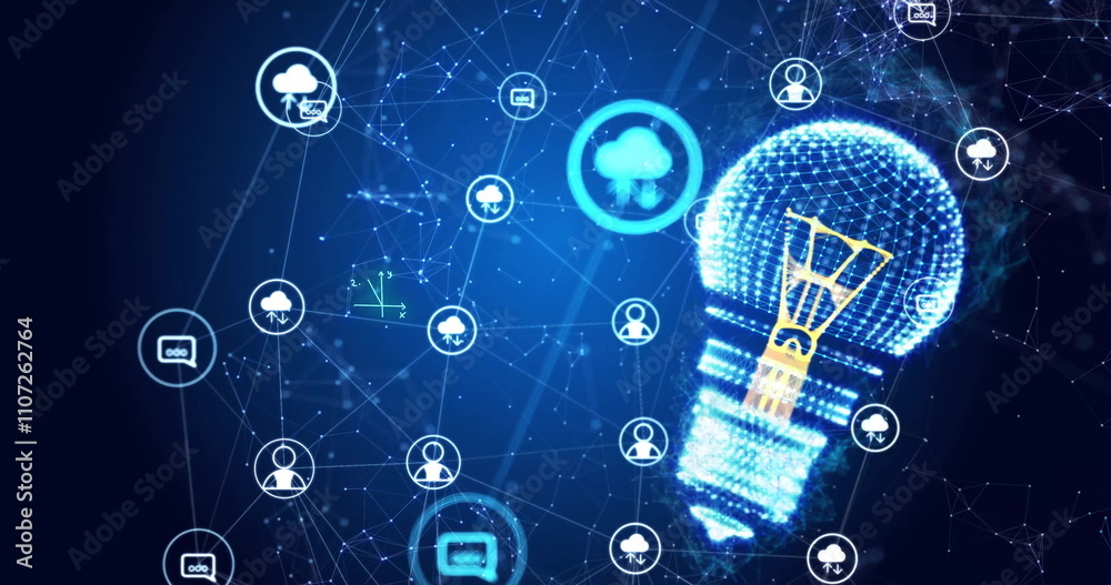 Poster image of element diagrams over light bulb and data networks on blue background