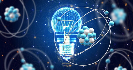 Image of atomic structures over light bulb and networks on blue background