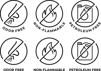 Odor free, Petroleum free, Non-flammable flat icons set for labeling of cleaning agent or other household chemicals