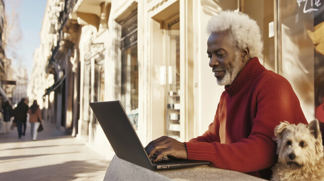 A man in a red sweater is sitting on a bench with a laptop in front of him