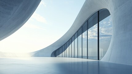Modern Building Facade with Curved Concrete Walls and Reflective Glass Windows