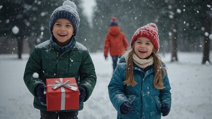 Joyful children celebrating christmas in winter wonderland