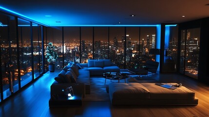 A modern living room with blue lighting, showcasing a city skyline at night.