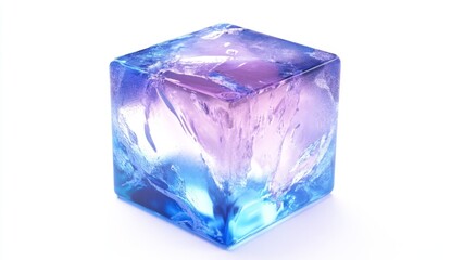 Blue and Purple Frosted Glass Cube on White Background, High-Quality 3D Render in Cinema4D Style with Isometric View