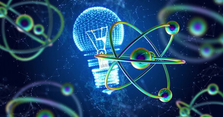 Image of atomic structures over light bulb and networks on blue background