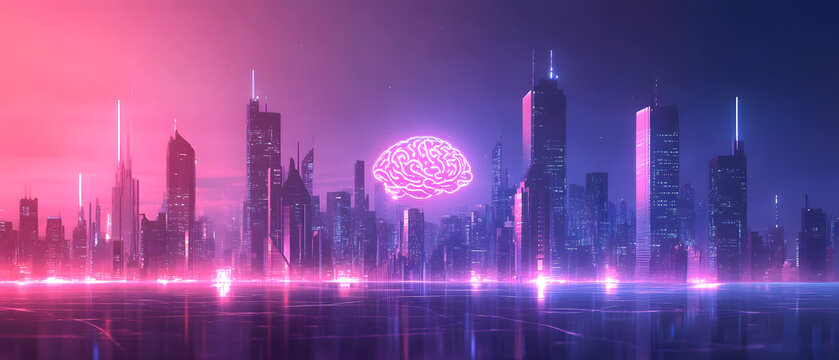 Neon Brain Over Futuristic Cityscape: Cyberpunk City at Night
