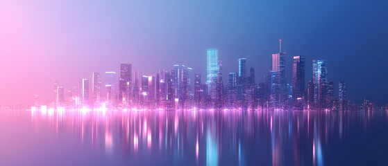 Fototapeta premium Futuristic Cityscape at Night: Neon Lights Reflecting on Calm Water
