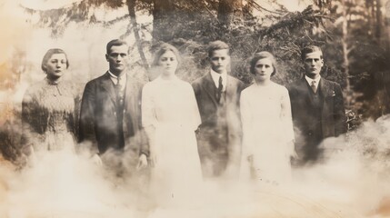 Vintage photo of six young adults in formal attire posing outdoors.