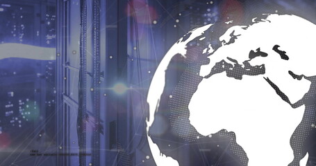 Image of digital data processing and globe over computer servers
