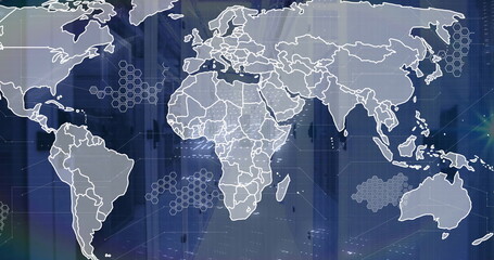 Image of binary coding data processing and world map over computer servers