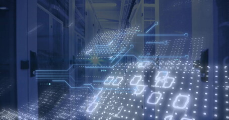 Image of binary coding data processing and circuit board over computer servers