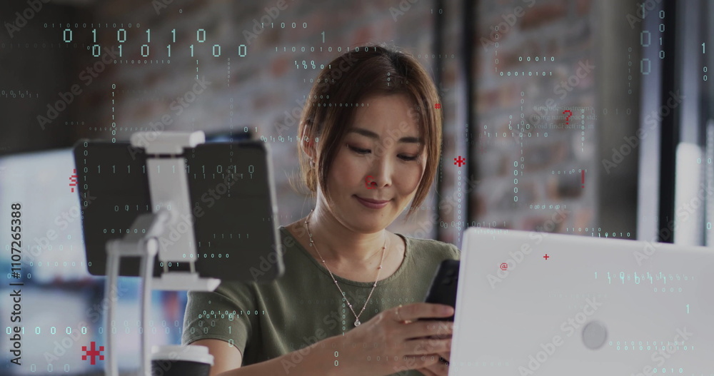 Aufkleber image of binary coding data processing over caucasian businesswoman in office