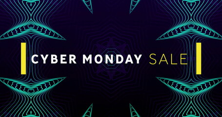 Image of cyber monday sale text over blue kaleidoscopic pattern on black background