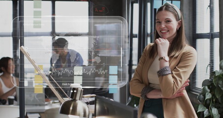 Image of data processing over caucasian businesswoman in office
