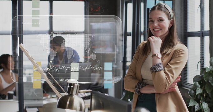 Image of data processing over caucasian businesswoman in office