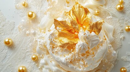 A decorative dessert featuring whipped cream, gold accents, and edible pearls.
