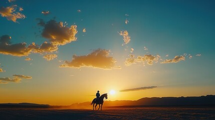 capturing a horse and rider silhouetted against a brilliant sunset, with the expansive sky creating a breathtaking sense of scale and beauty