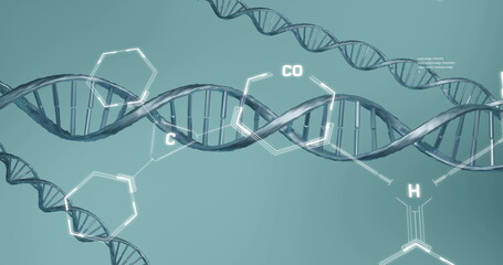 Image of scientific data processing over dna strands spinning