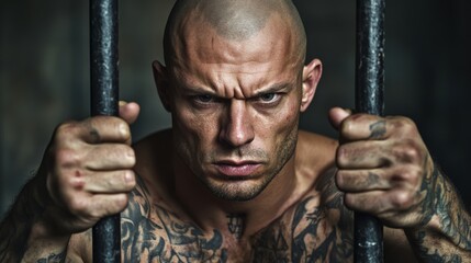 Bald, tattooed man stares intensely through jail bars, gripping them with a look of determination and aggression. Prisoner behind bars. Man who has committed a crime.