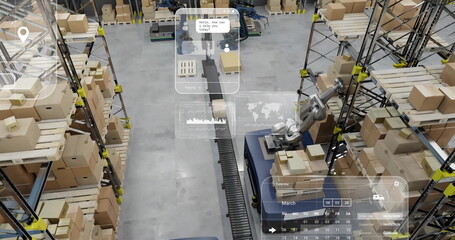 Image of diagrams and data processing over machines working in warehouse