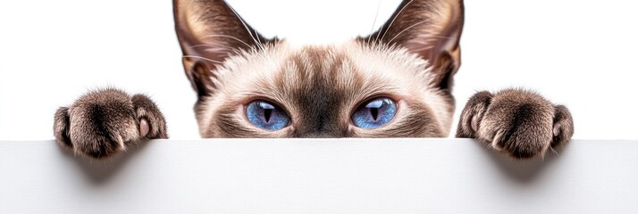 Fototapeta premium A curious cat peeking over a white surface with striking blue eyes.