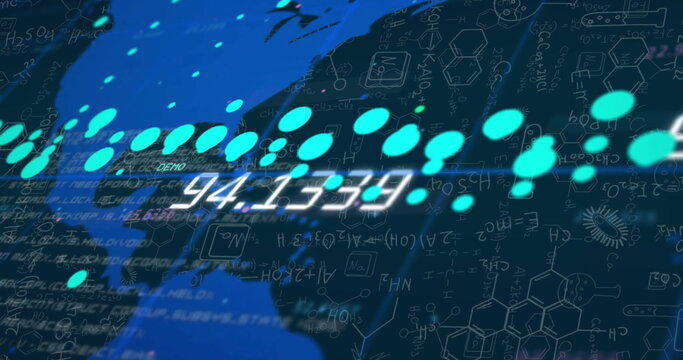 Image of mathematical data processing over world map on dark background