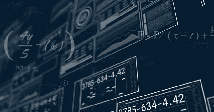Image of mathematical data processing over screens on dark background