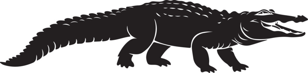 A high-contrast black silhouette of a crocodile 