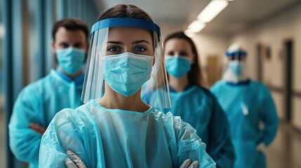 A confident female doctor in protective gear, standing in a hospital with colleagues. Their masks highlight dedication and professionalism in providing essential healthcare services.