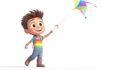 A cheerful child flying a colorful kite, embodying joy and playfulness in a bright setting.