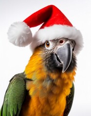 Fototapeta premium Cute parrot with Santa Claus hat on white background