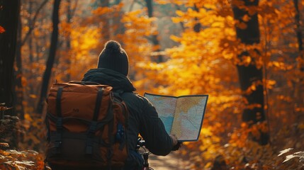 picture capturing the back of a cyclist with a map, resting on a scenic trail surrounded by vibrant fall foliage