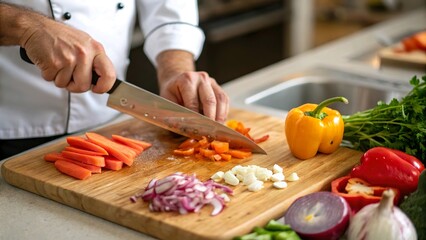 Hands of a chef chopping fresh vegetables on a wooden cutting board with a sharp knife