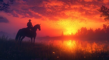 Fototapeta premium picture of a horse and rider silhouetted against a sunset bursting with rich oranges and purples.