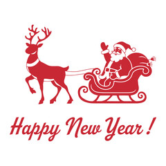 New Year Santa Claus with deer, Happy New Year and Merry Christmas vector illustration,  Santa Claus with bag of gifts rides in sleigh pulled by a deer