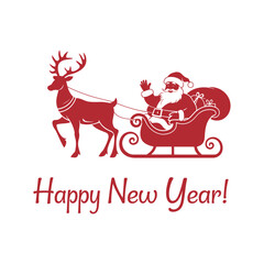Fototapeta premium New Year Santa Claus with deer, Happy New Year and Merry Christmas vector illustration, Santa Claus with bag of gifts rides in sleigh pulled by a deer