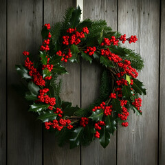A beautifully crafted Christmas wreath with vibrant ornaments, displayed against a warm wooden wall backdrop.