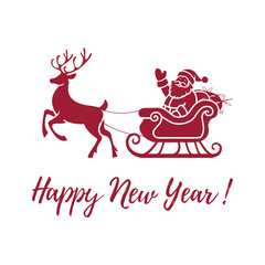 New Year Santa Claus with deer, Happy New Year and Merry Christmas vector illustration,  Santa Claus with bag of gifts rides in sleigh pulled by a deer