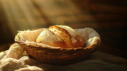 sourdough bread resting in a woven basket, the rich, golden crust and the inviting shape of the loaf catching the light.